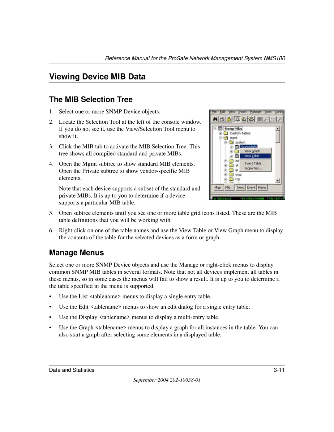 NETGEAR NMS100 manual Viewing Device MIB Data, MIB Selection Tree, Manage Menus 