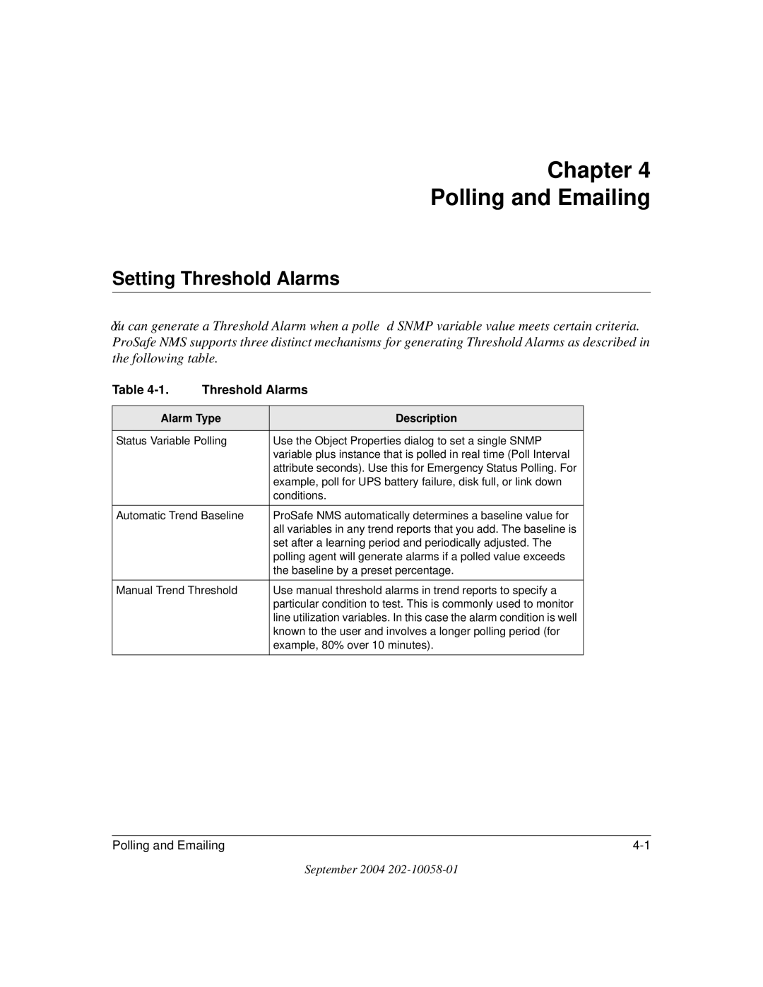 NETGEAR NMS100 manual Setting Threshold Alarms, Alarm Type Description 