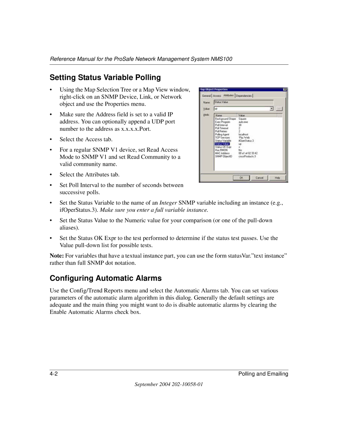 NETGEAR NMS100 manual Setting Status Variable Polling, Configuring Automatic Alarms 