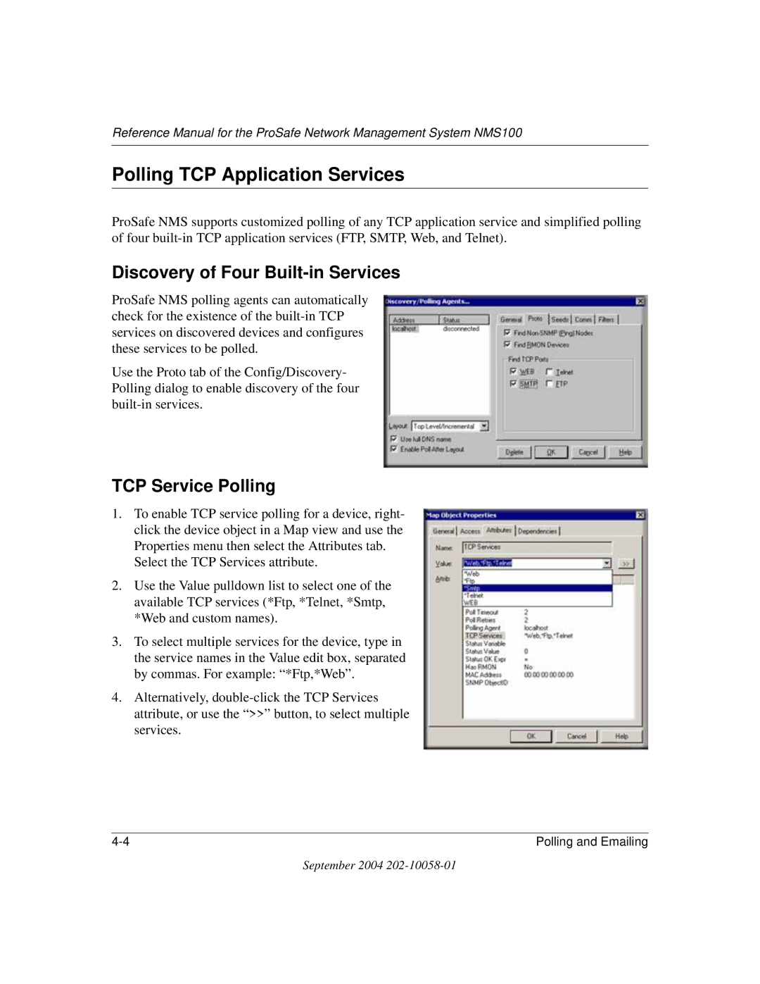 NETGEAR NMS100 manual Polling TCP Application Services, Discovery of Four Built-in Services, TCP Service Polling 