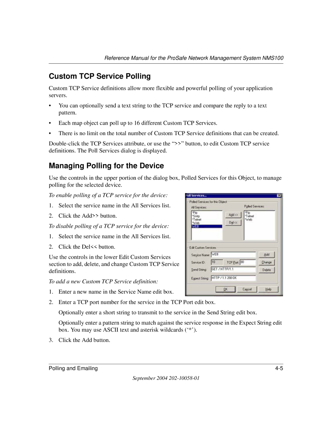 NETGEAR NMS100 manual Custom TCP Service Polling, Managing Polling for the Device 