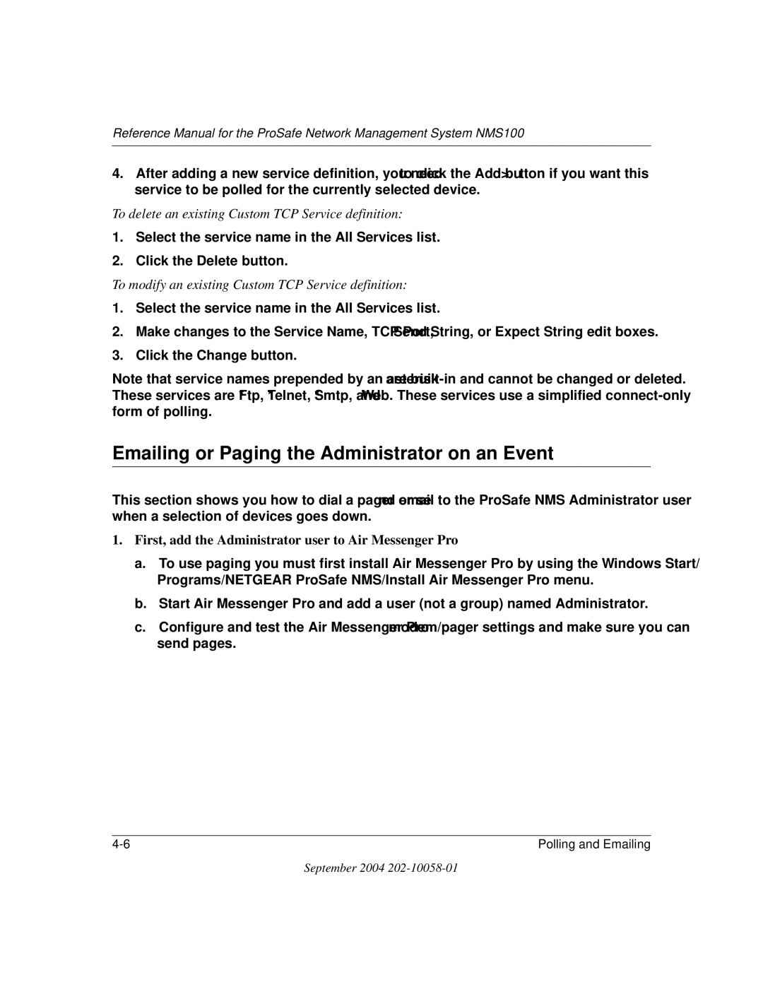 NETGEAR NMS100 manual Emailing or Paging the Administrator on an Event, To modify an existing Custom TCP Service definition 