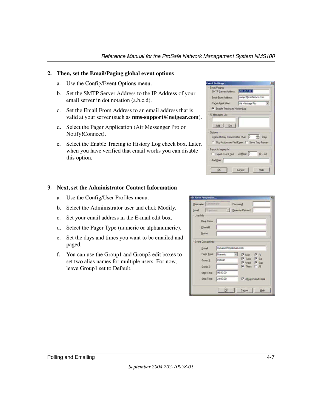 NETGEAR NMS100 manual Then, set the Email/Paging global event options 