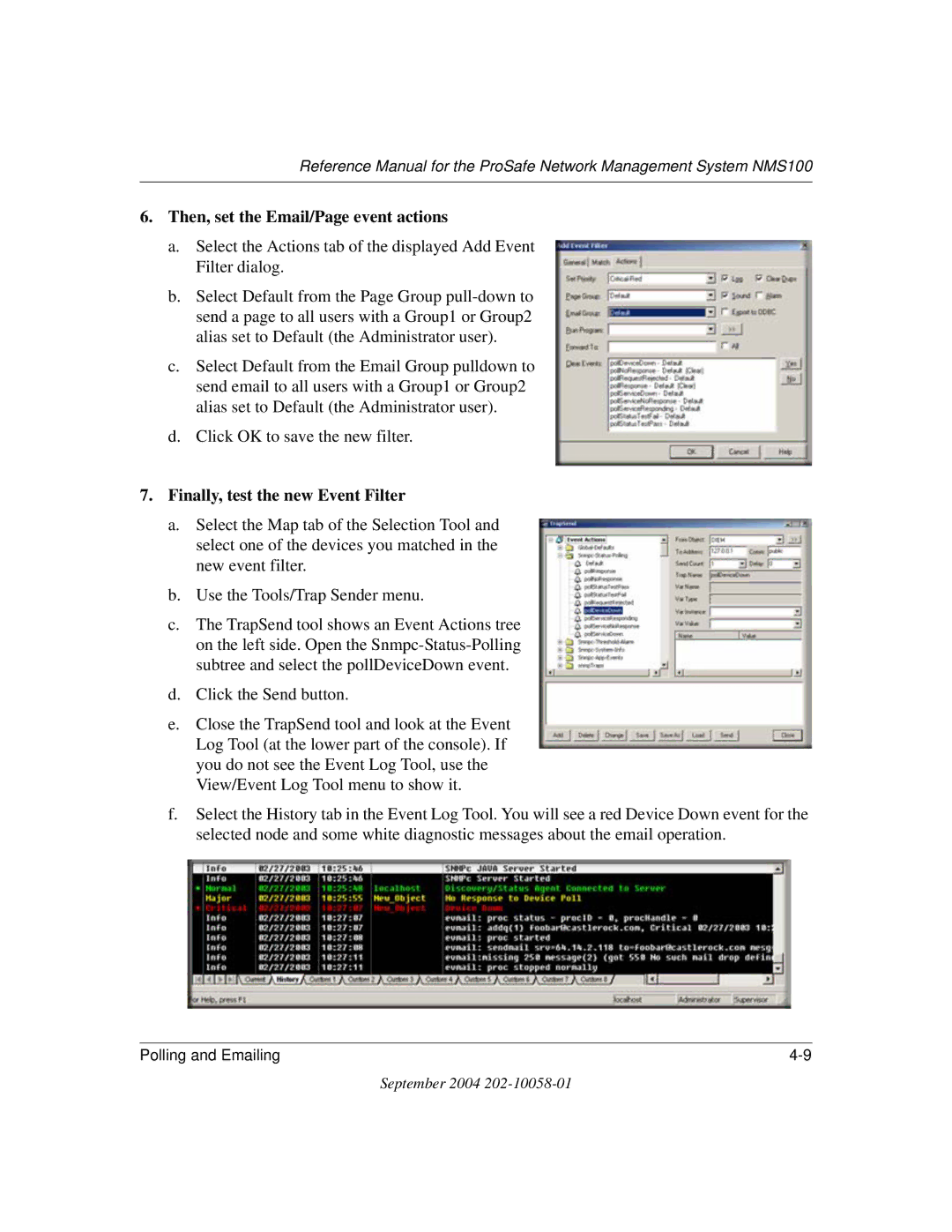 NETGEAR NMS100 manual Then, set the Email/Page event actions 