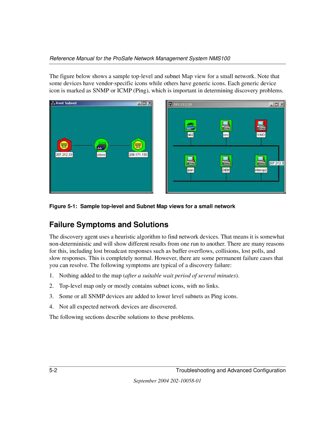 NETGEAR NMS100 manual Failure Symptoms and Solutions, Sample top-level and Subnet Map views for a small network 