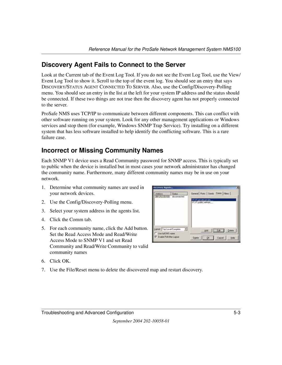 NETGEAR NMS100 manual Discovery Agent Fails to Connect to the Server, Incorrect or Missing Community Names 