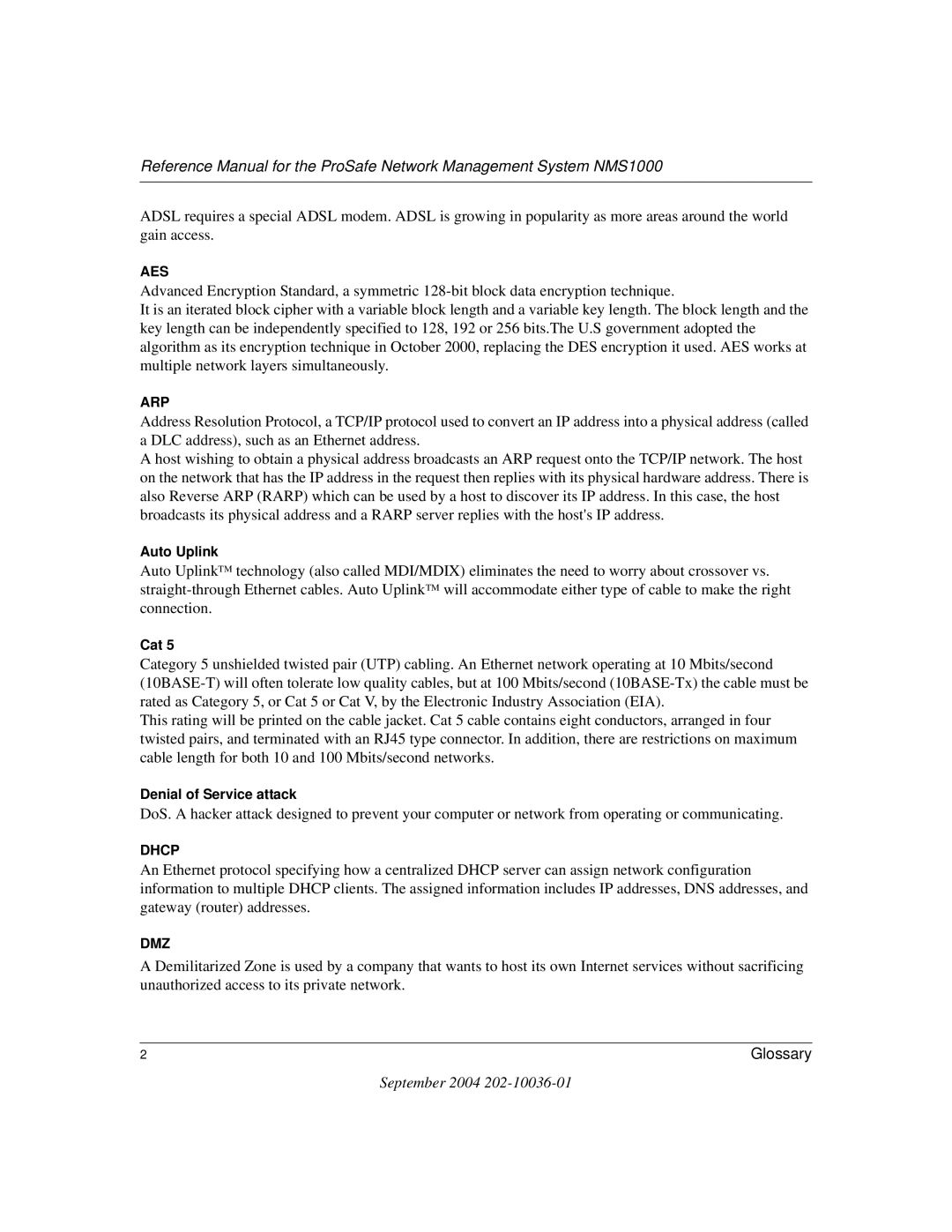 NETGEAR NMS100 manual Auto Uplink, Cat, Denial of Service attack 