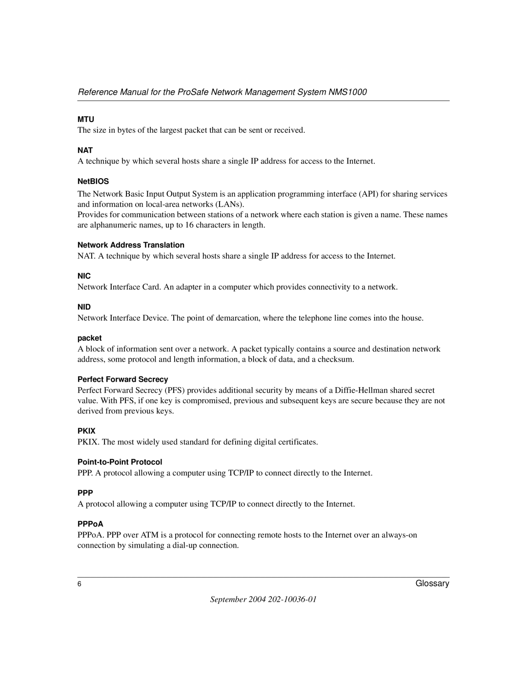 NETGEAR NMS100 manual NetBIOS, Network Address Translation, Packet, Perfect Forward Secrecy, Point-to-Point Protocol, PPPoA 