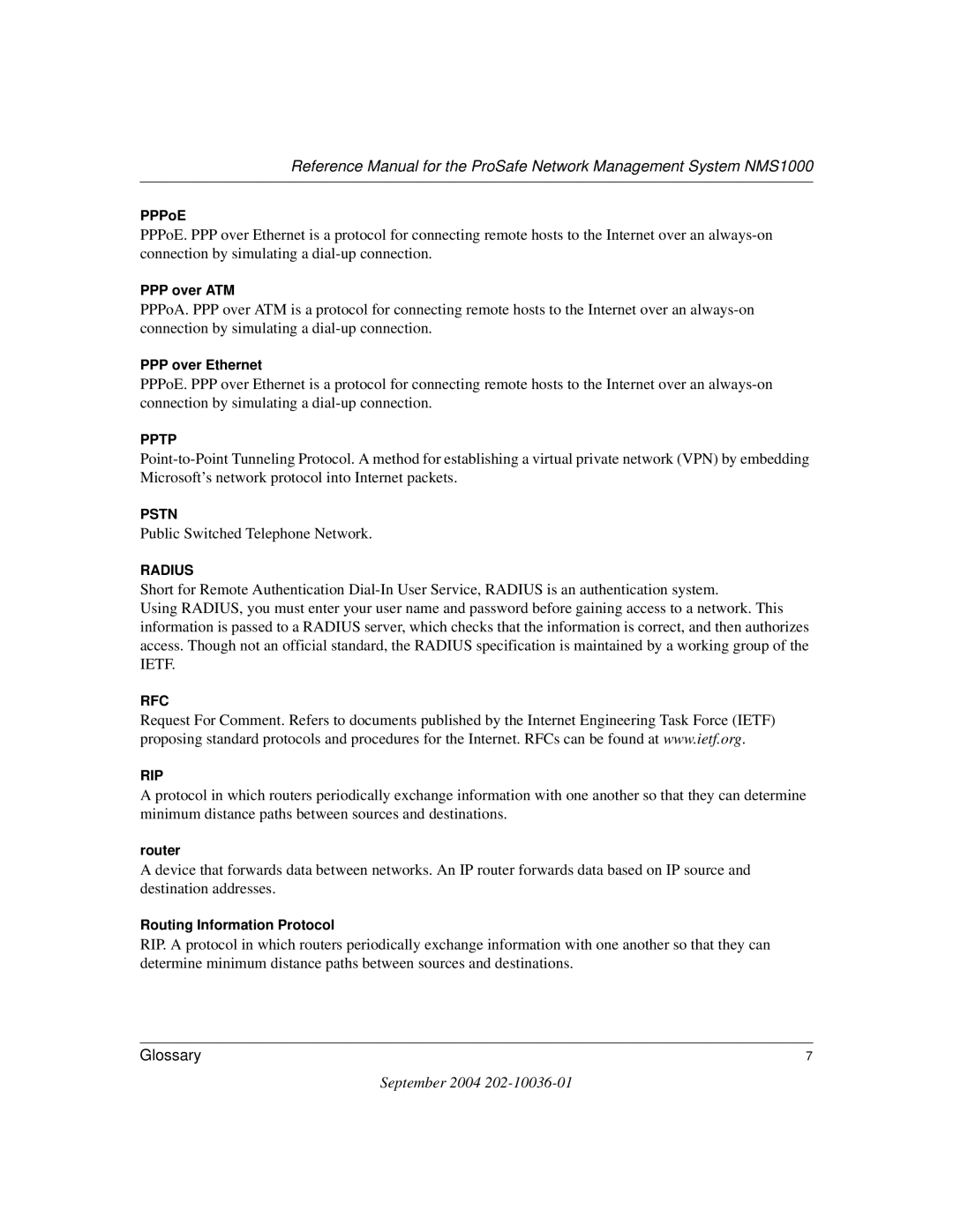 NETGEAR NMS100 manual PPPoE, PPP over ATM, PPP over Ethernet, Router, Routing Information Protocol 