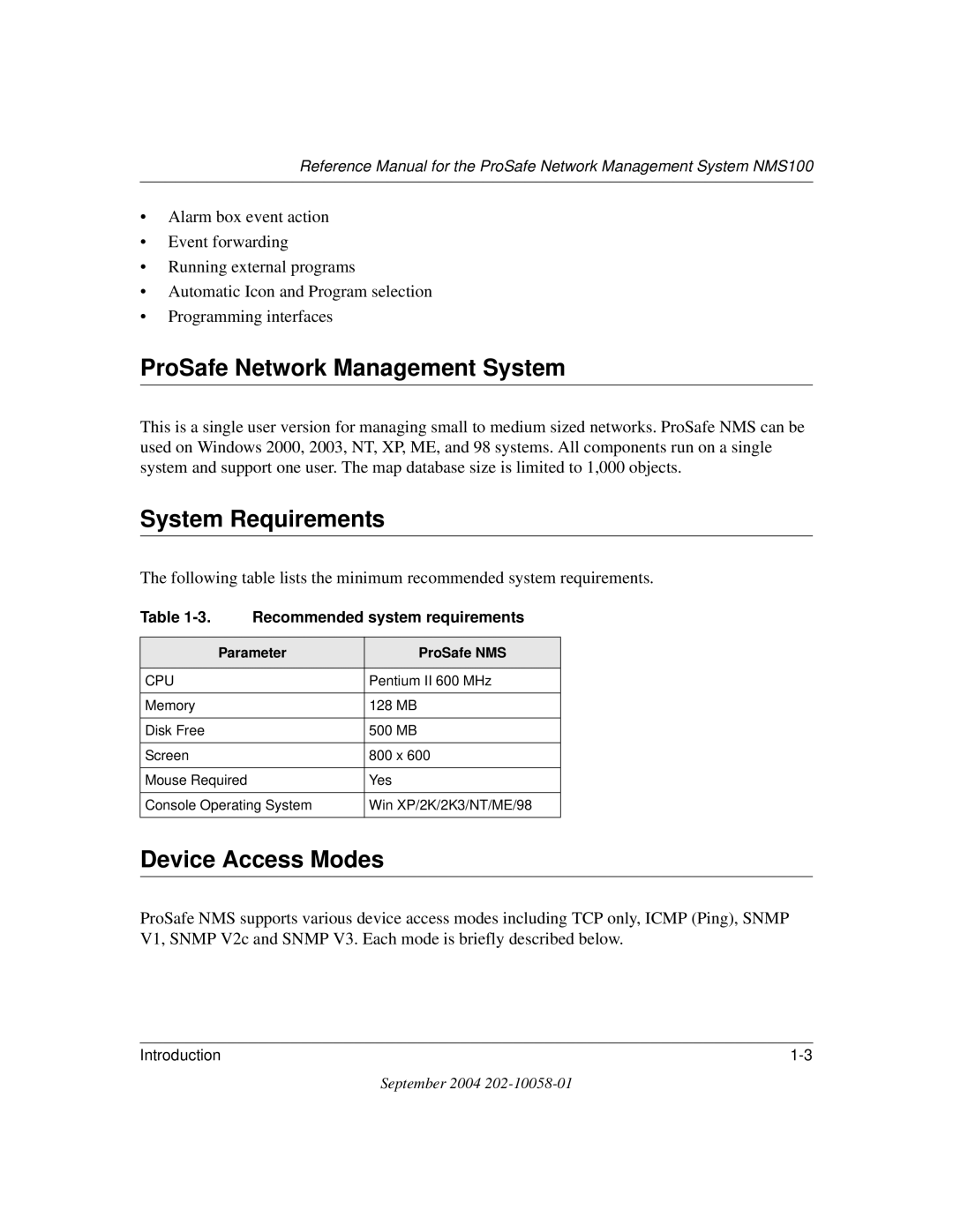 NETGEAR NMS100 manual ProSafe Network Management System, System Requirements, Device Access Modes, Parameter ProSafe NMS 