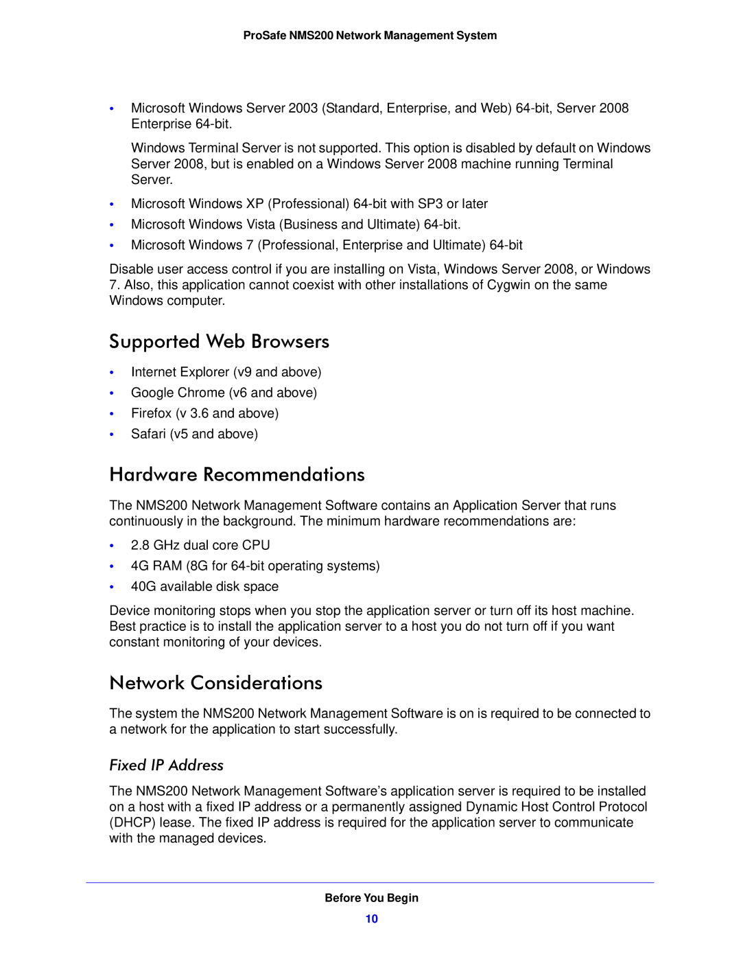 NETGEAR NMS200 quick start Supported Web Browsers, Hardware Recommendations, Network Considerations, Fixed IP Address 