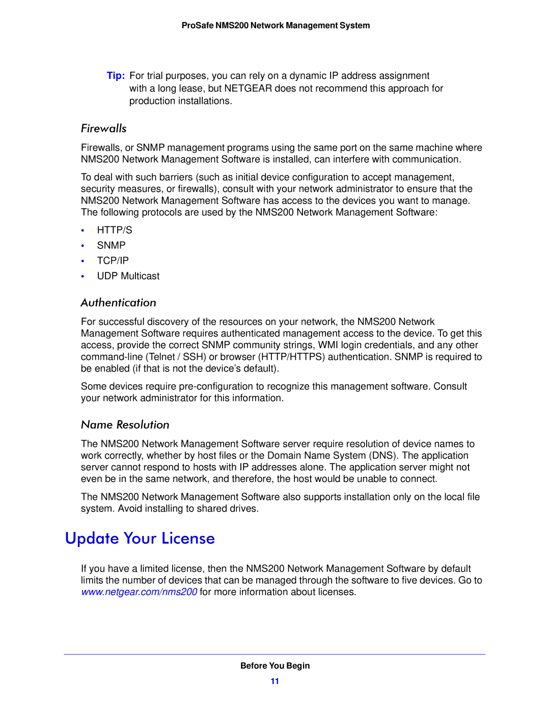 NETGEAR NMS200 quick start Update Your License, Firewalls, Authentication, Name Resolution 