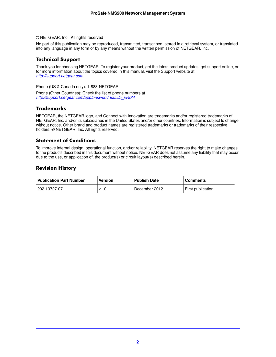 NETGEAR NMS200 quick start Technical Support, Trademarks, Statement of Conditions, Revision History 