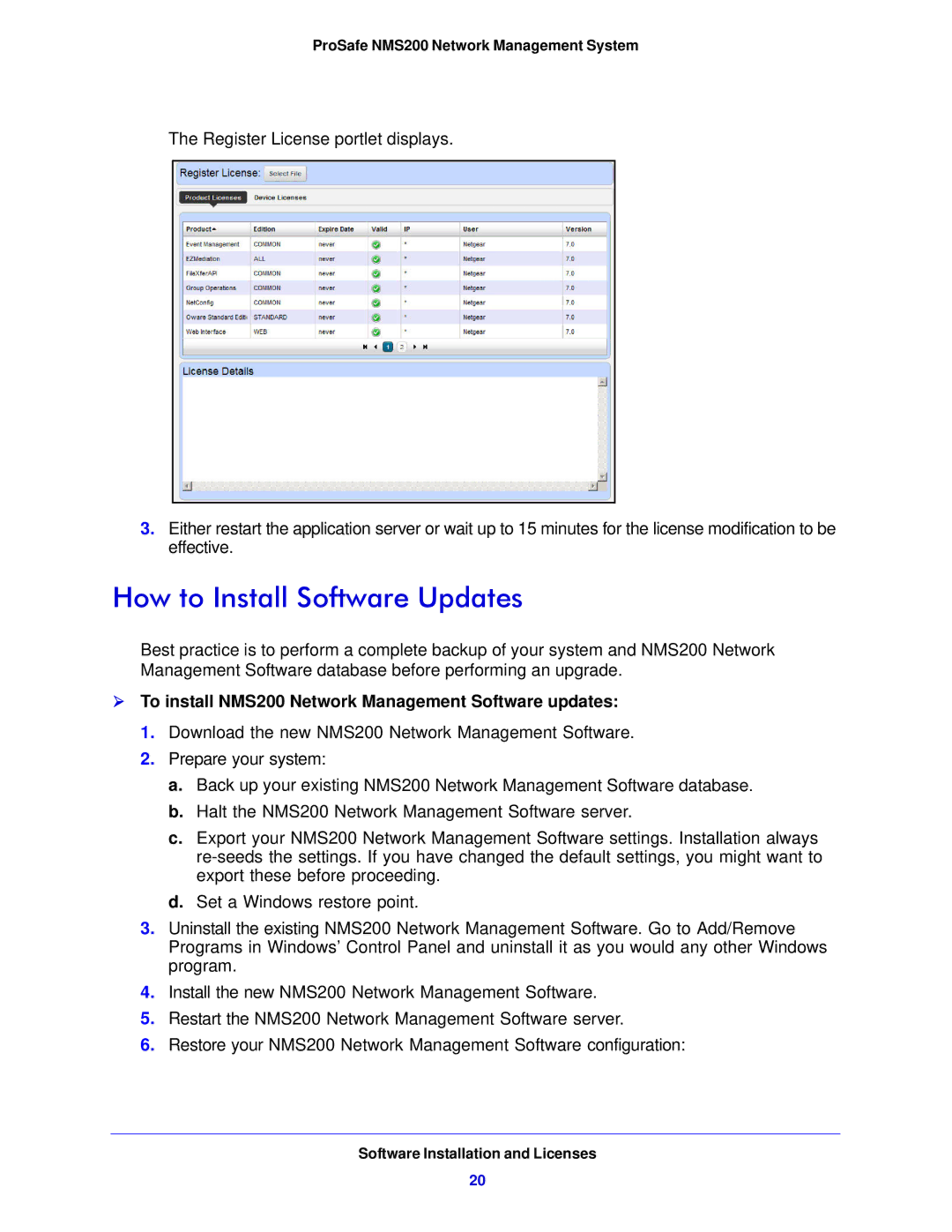 NETGEAR quick start How to Install Software Updates,  To install NMS200 Network Management Software updates 