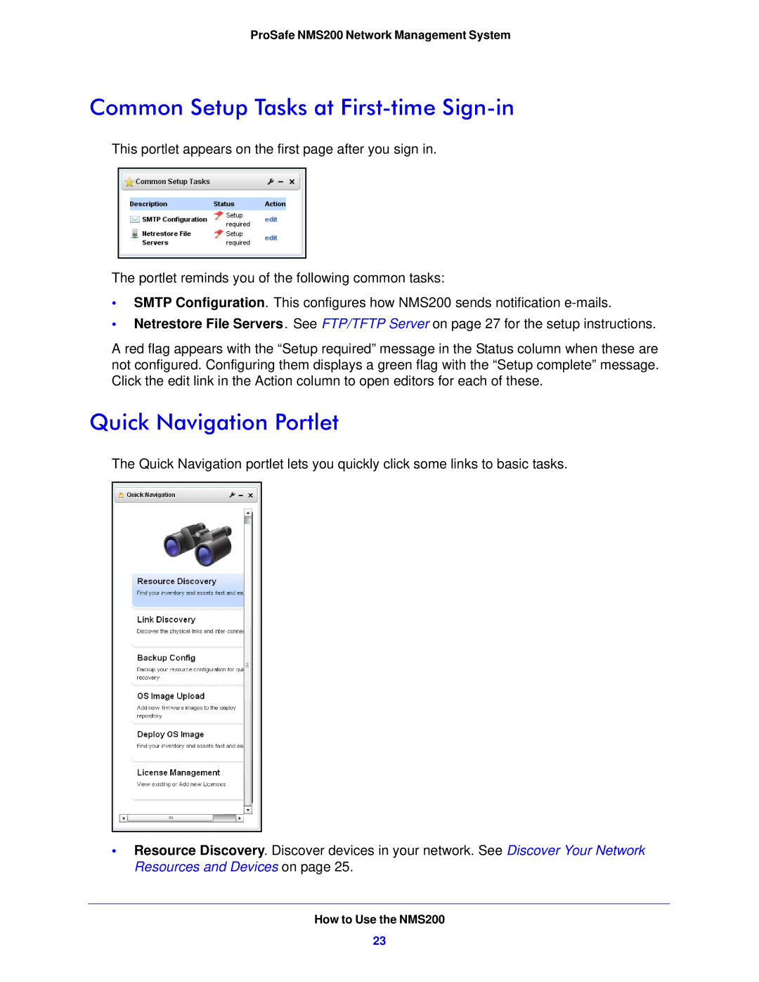 NETGEAR NMS200 quick start Common Setup Tasks at First-time Sign-in, Quick Navigation Portlet 