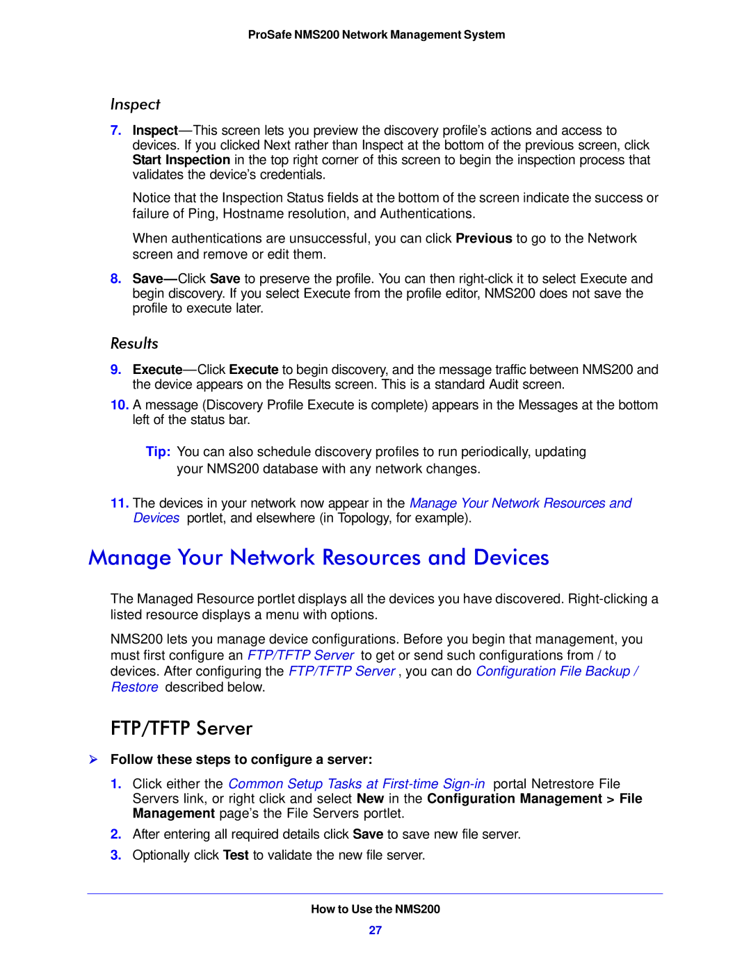 NETGEAR NMS200 quick start Manage Your Network Resources and Devices, FTP/TFTP Server, Inspect, Results 