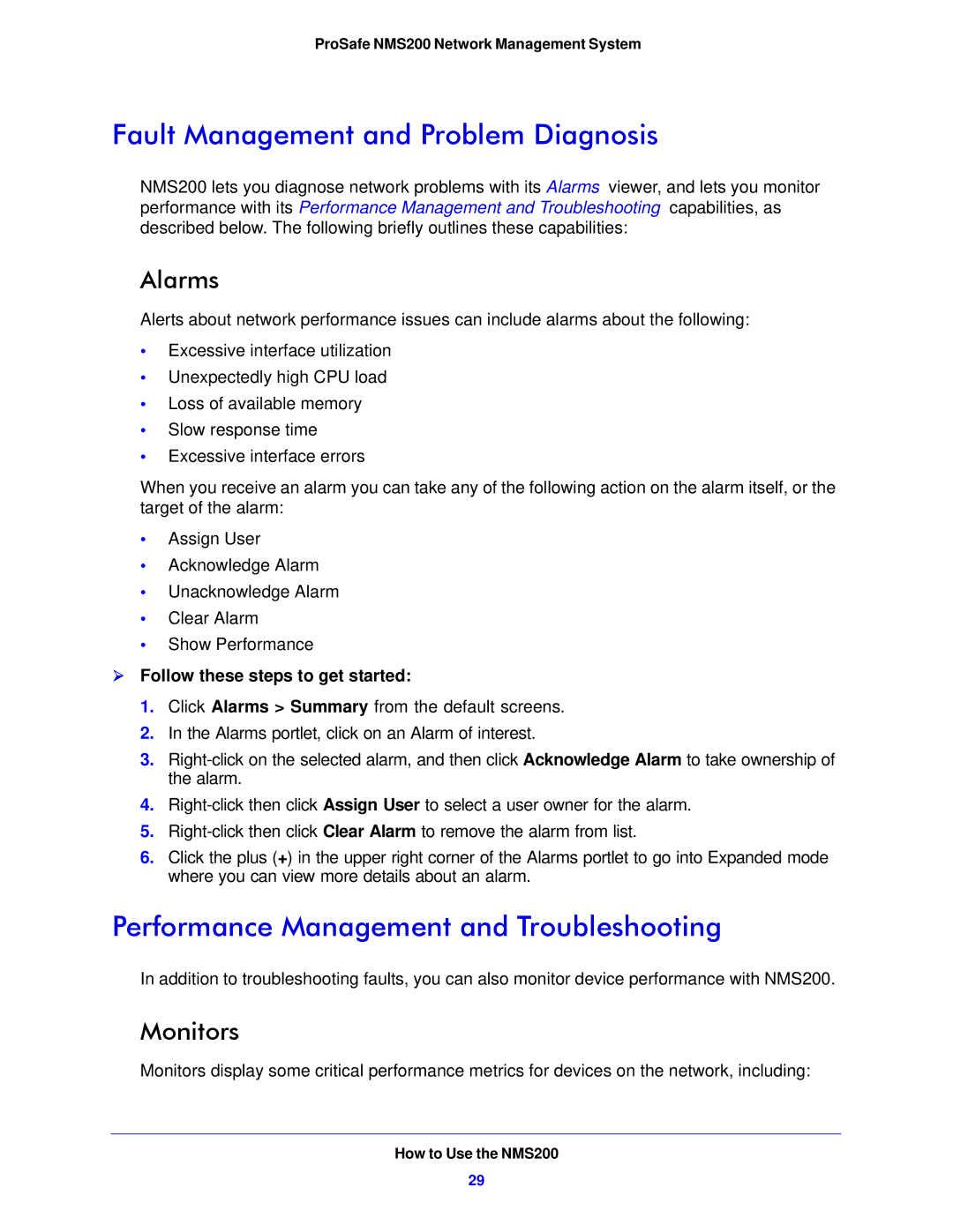 NETGEAR NMS200 Fault Management and Problem Diagnosis, Performance Management and Troubleshooting, Alarms, Monitors 