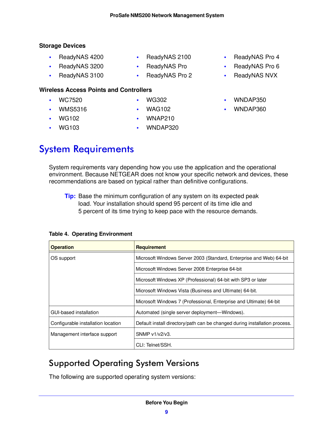 NETGEAR NMS200 quick start System Requirements, Supported Operating System Versions, Storage Devices 