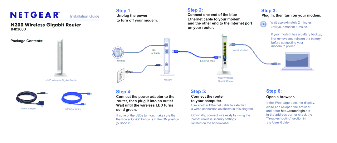 NETGEAR NR3000 manual Package Contents, Unplug the power Connect one end of the blue, Other end to the Internet port 