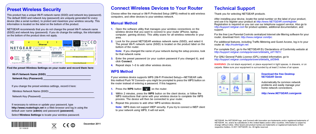 NETGEAR NR3000 manual Preset Wireless Security, Connect Wireless Devices to Your Router, Technical Support, Manual Method 