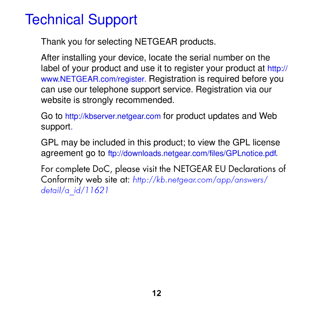 NETGEAR NTV250-100NAS manual Technical Support 