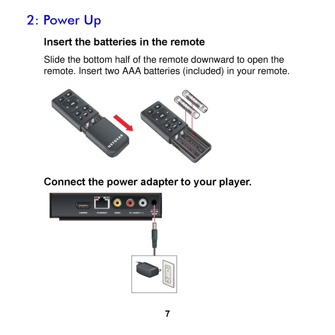 NETGEAR NTV250-100NAS manual Power Up, Insert the batteries in the remote 