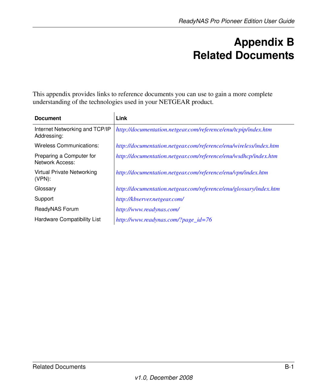 NETGEAR Pioneer Edition manual Appendix B Related Documents, Document Link 