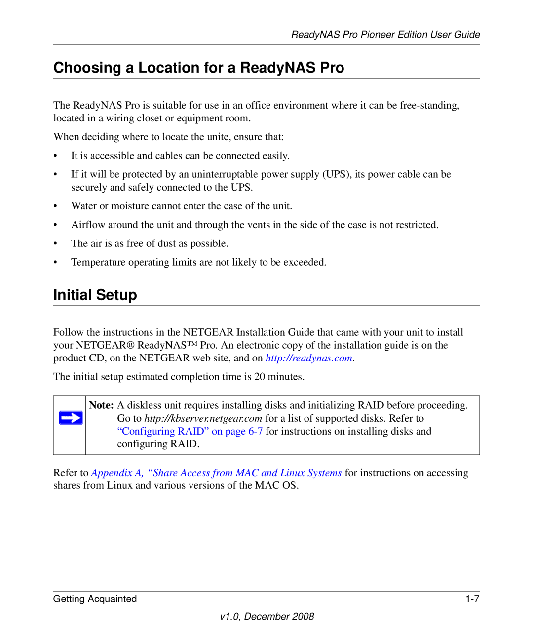 NETGEAR Pioneer Edition manual Choosing a Location for a ReadyNAS Pro, Initial Setup 