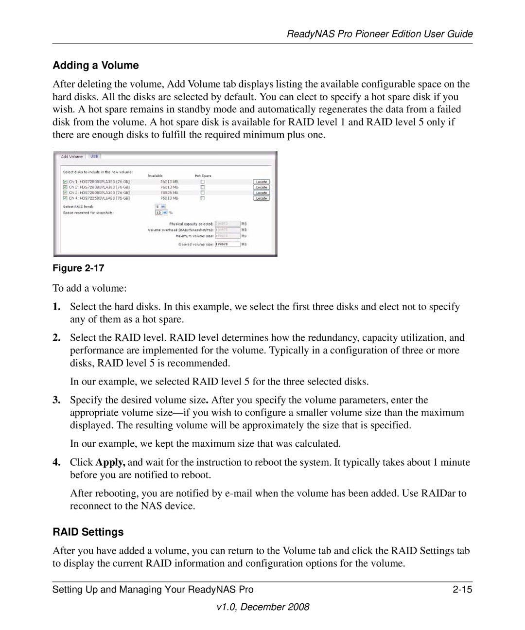 NETGEAR Pioneer Edition manual Adding a Volume, RAID Settings 