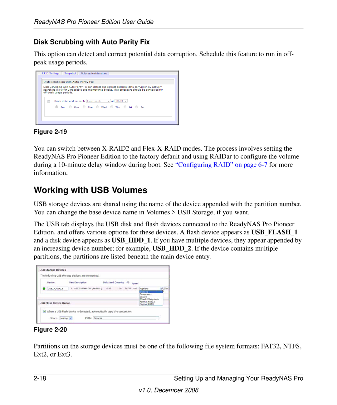 NETGEAR Pioneer Edition manual Working with USB Volumes, Disk Scrubbing with Auto Parity Fix 