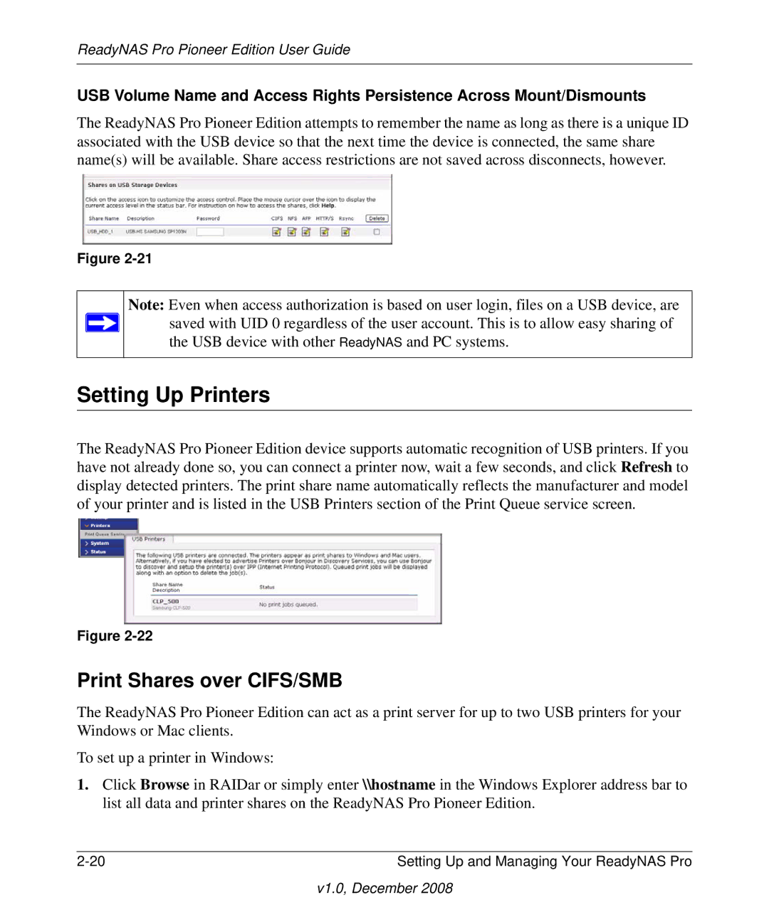 NETGEAR Pioneer Edition manual Setting Up Printers, Print Shares over CIFS/SMB 