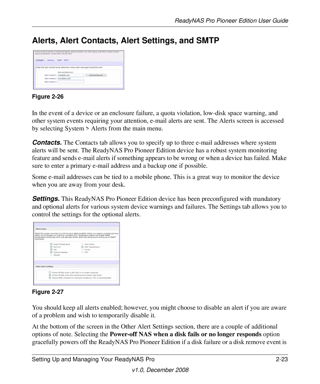 NETGEAR Pioneer Edition manual Alerts, Alert Contacts, Alert Settings, and Smtp 