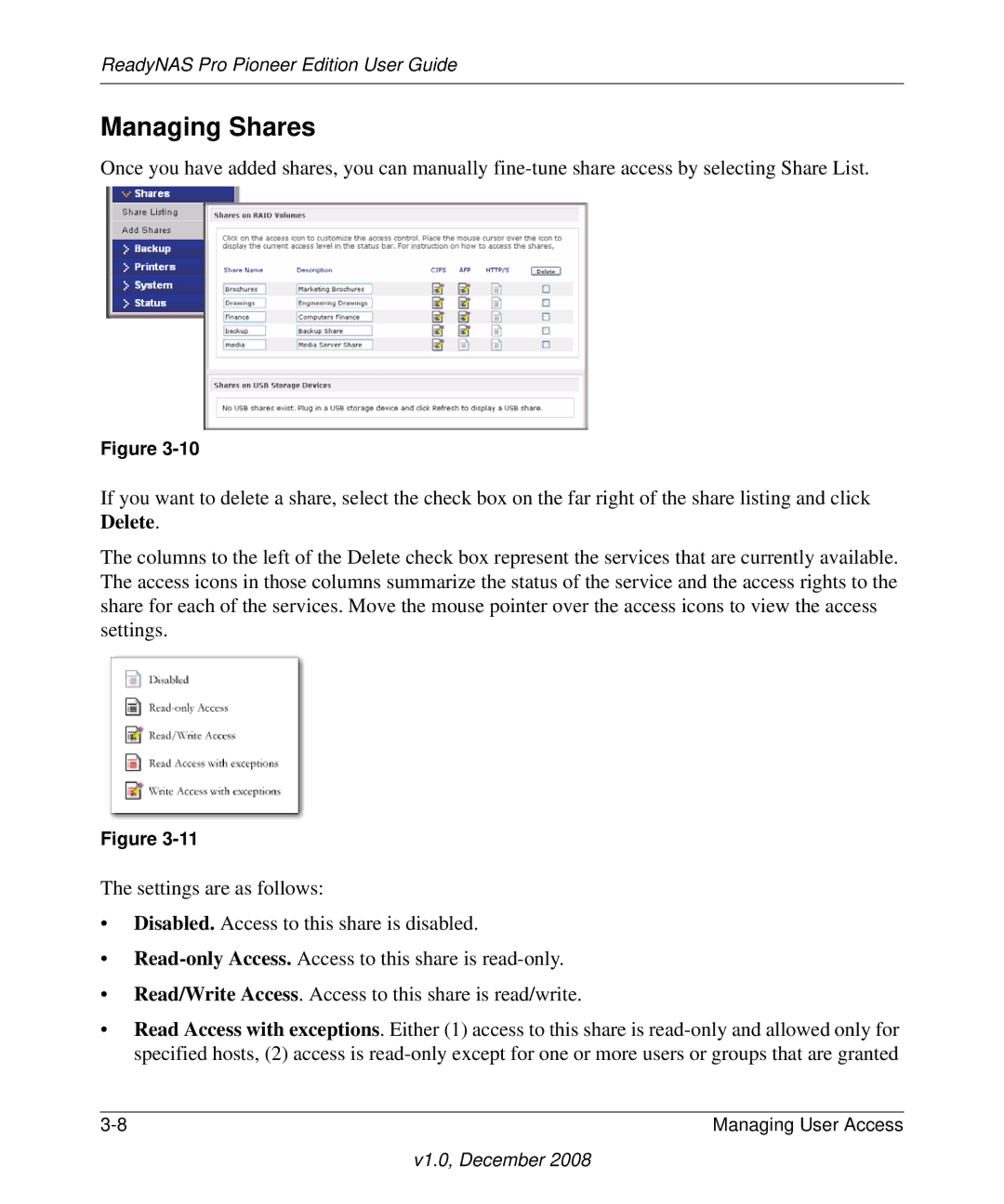 NETGEAR Pioneer Edition manual Managing Shares 