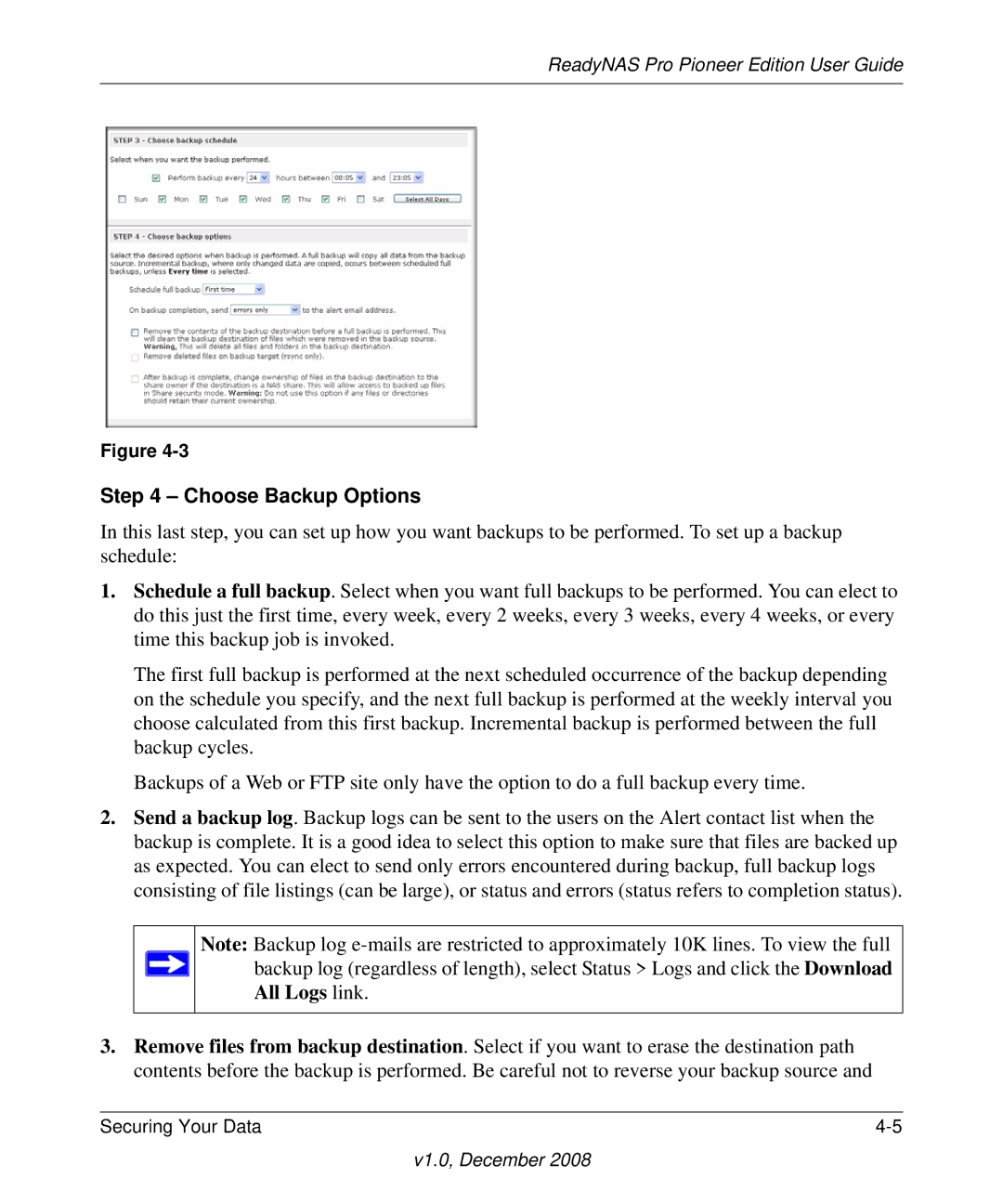 NETGEAR Pioneer Edition manual Choose Backup Options, All Logs link 