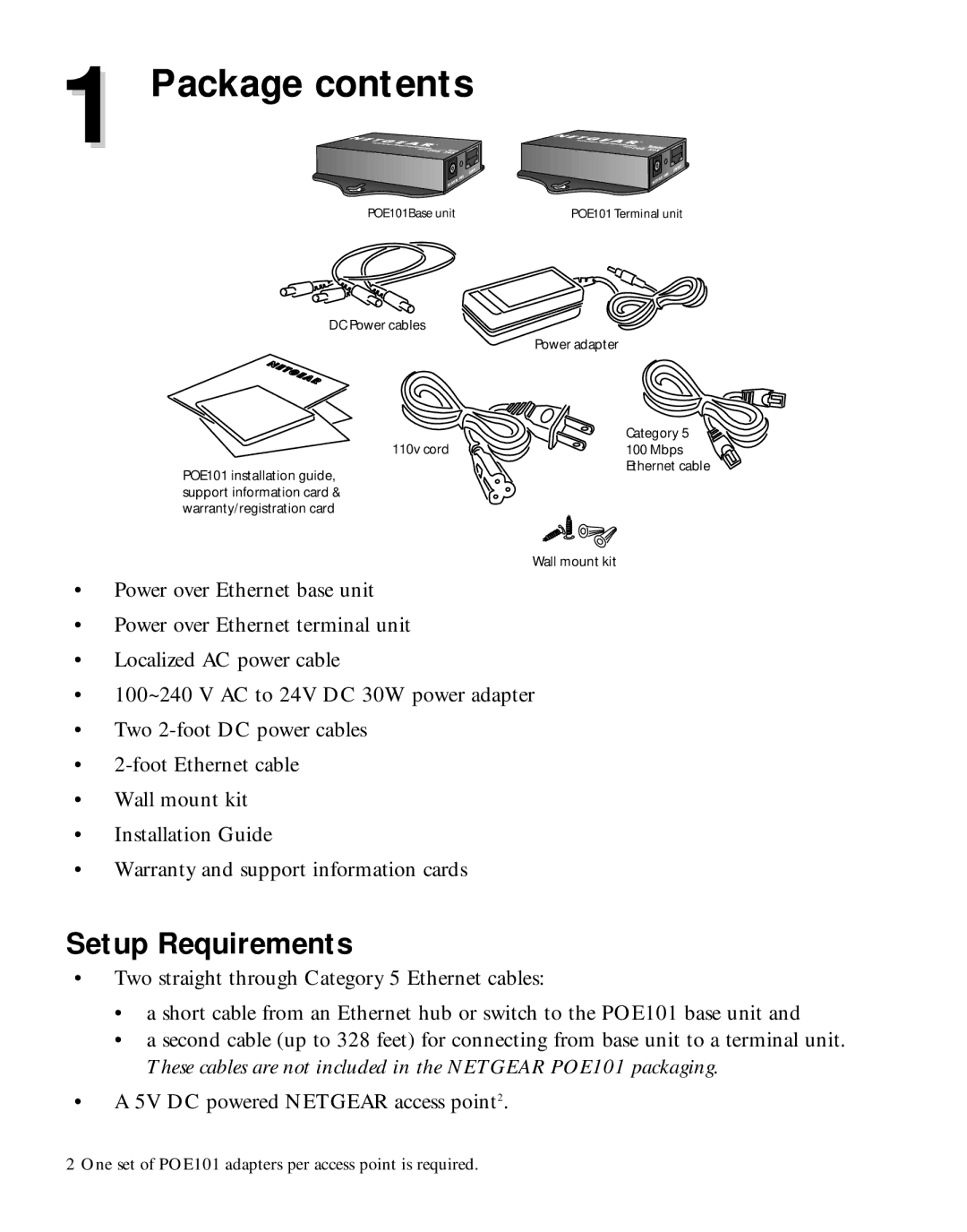 NETGEAR POE101 manual Package contents 