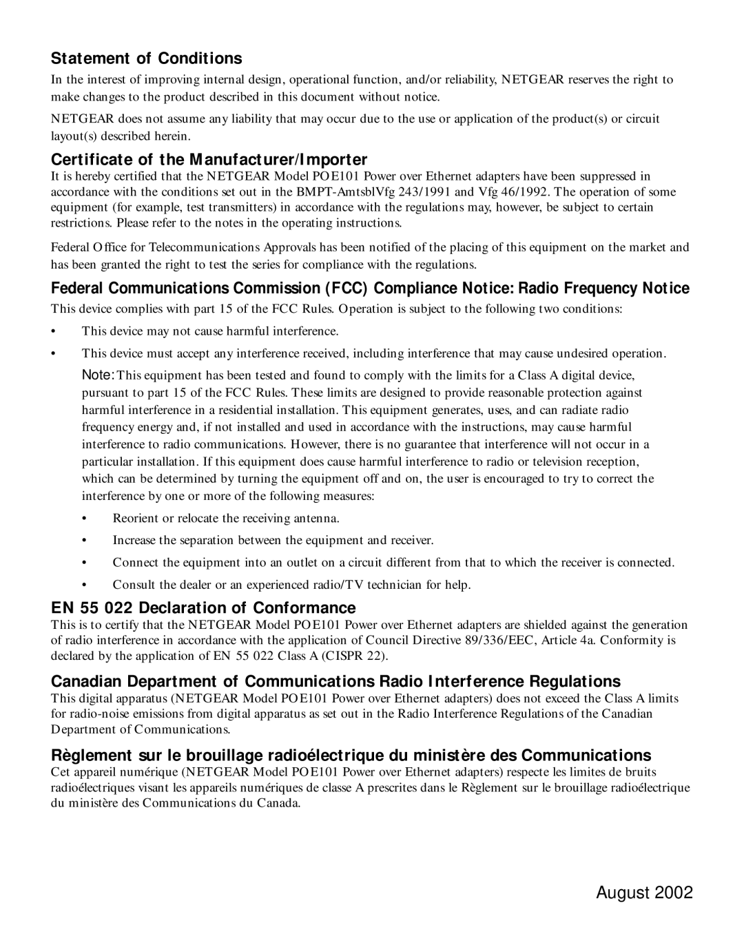 NETGEAR POE101 manual Statement of Conditions 