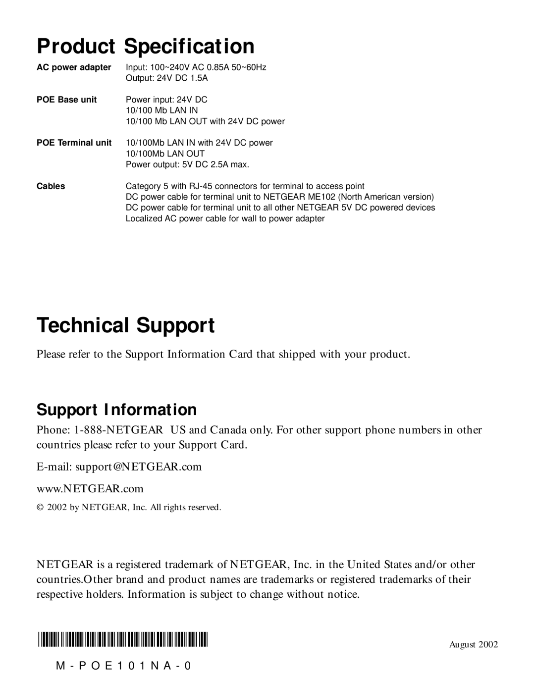 NETGEAR POE101 manual Product Specification, Technical Support, Support Information 