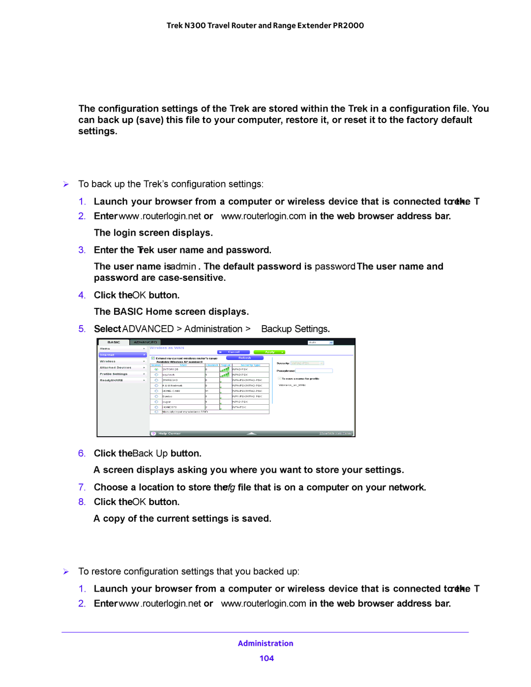 NETGEAR PR2000 user manual Manage the Configuration File, Back Up Settings, Restore Configuration Settings 