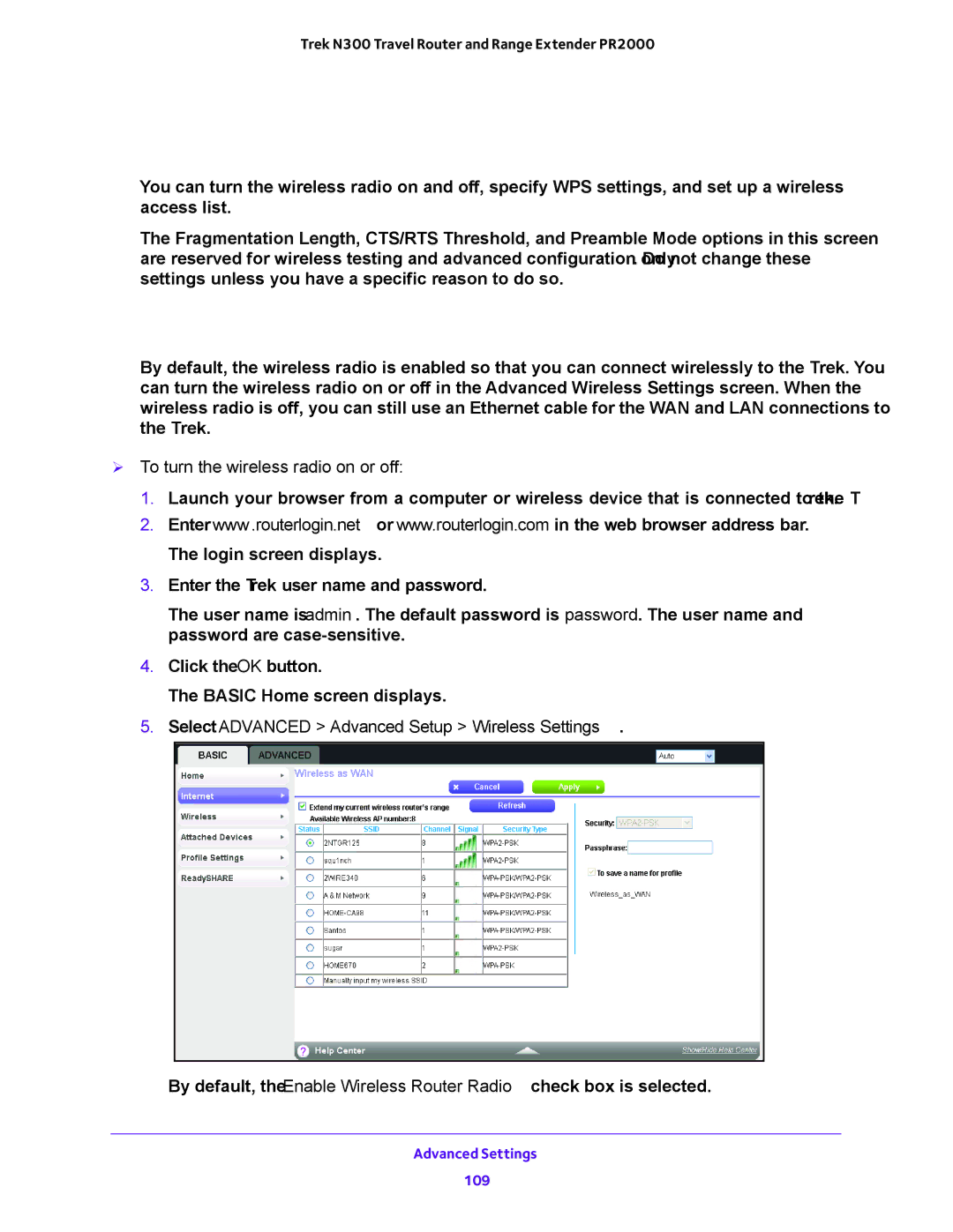 NETGEAR PR2000 user manual Advanced Wireless Settings, Control the Wireless Radio,  To turn the wireless radio on or off 