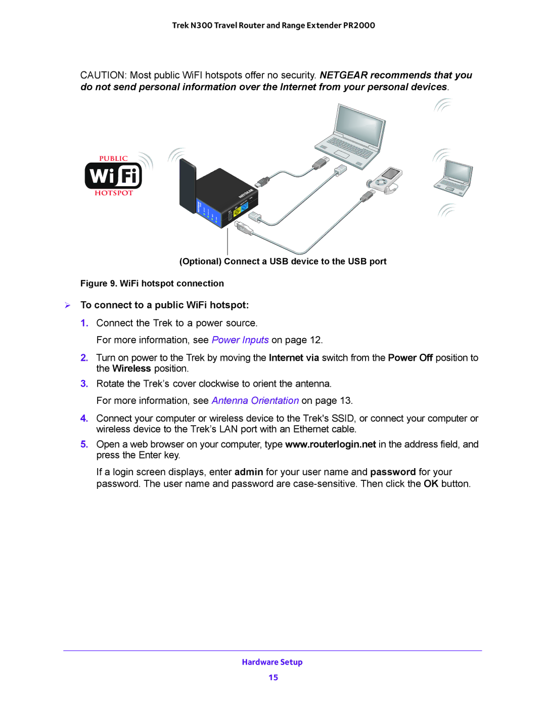 NETGEAR PR2000 user manual  To connect to a public WiFi hotspot, WiFi hotspot connection 