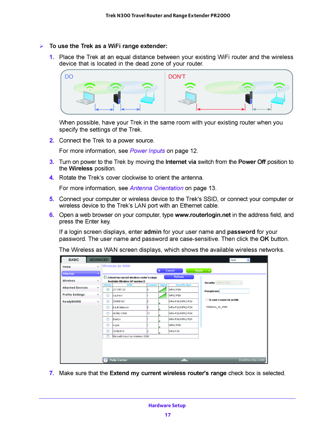 NETGEAR PR2000 user manual  To use the Trek as a WiFi range extender, Don’T 