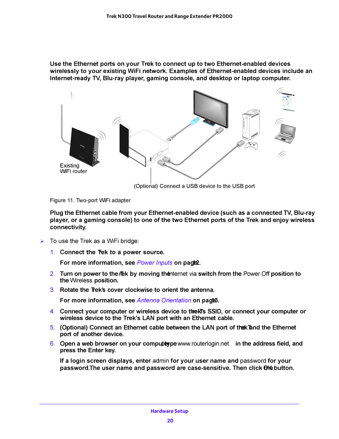 NETGEAR PR2000 user manual WiFi Bridge Setup,  To use the Trek as a WiFi bridge 