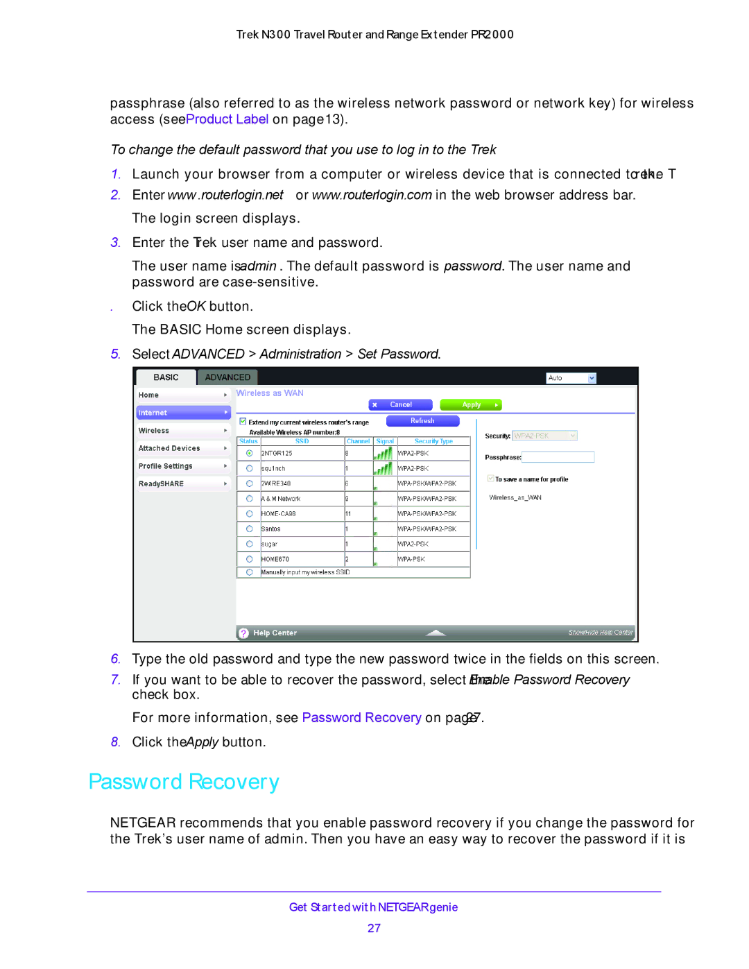 NETGEAR PR2000 user manual Password Recovery, Select Advanced Administration Set Password 