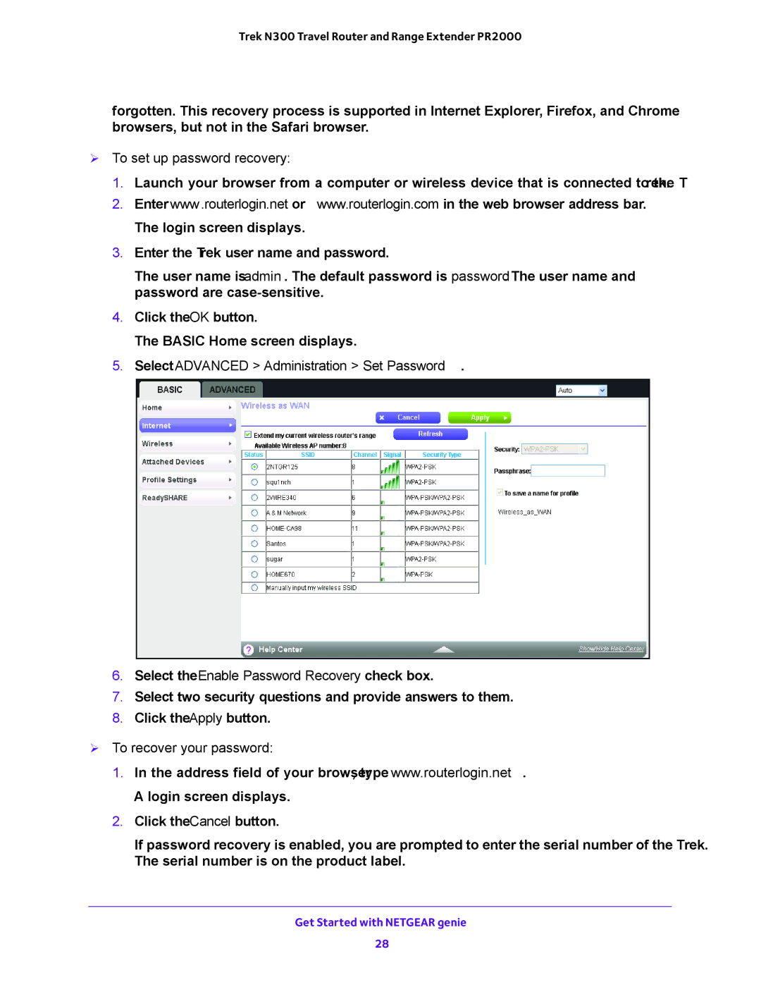 NETGEAR PR2000 user manual  To set up password recovery,  To recover your password 