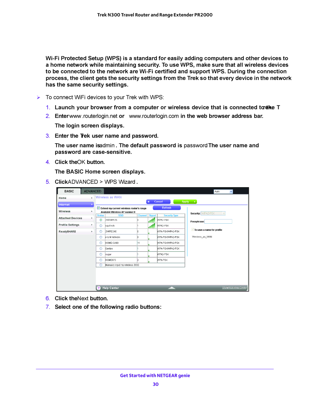 NETGEAR PR2000 Wi-Fi Protected Setup Method,  To connect WiFi devices to your Trek with WPS, Click Advanced WPS Wizard 