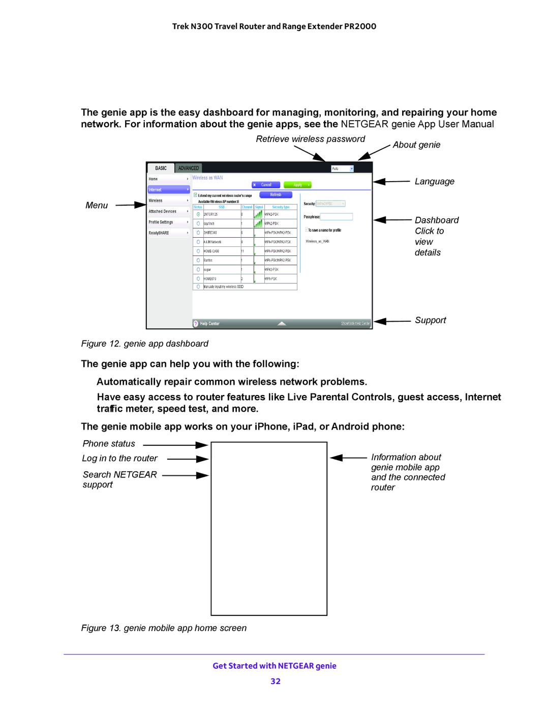 NETGEAR PR2000 user manual Netgear genie App and Mobile genie App, Genie mobile app home screen 