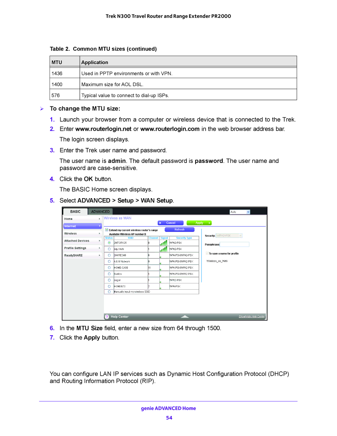 NETGEAR PR2000 user manual LAN Setup,  To change the MTU size 