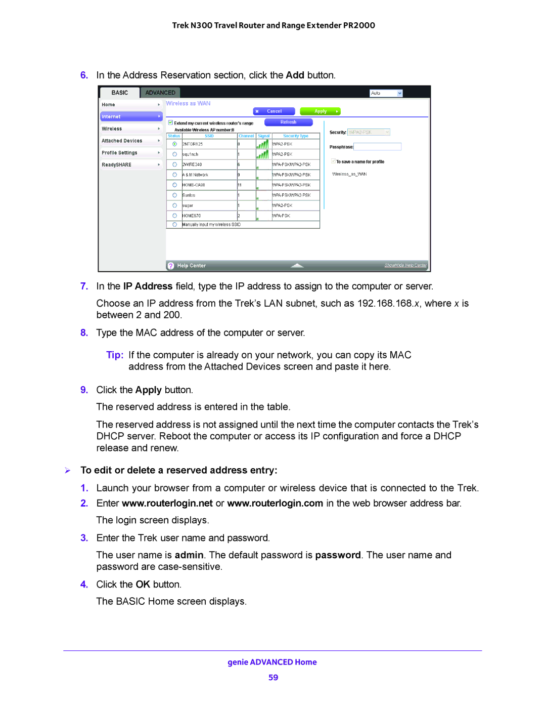 NETGEAR PR2000 user manual  To edit or delete a reserved address entry 