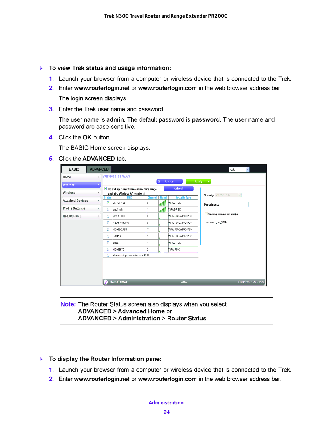 NETGEAR PR2000 user manual View Trek Status, Router Information Pane,  To view Trek status and usage information 