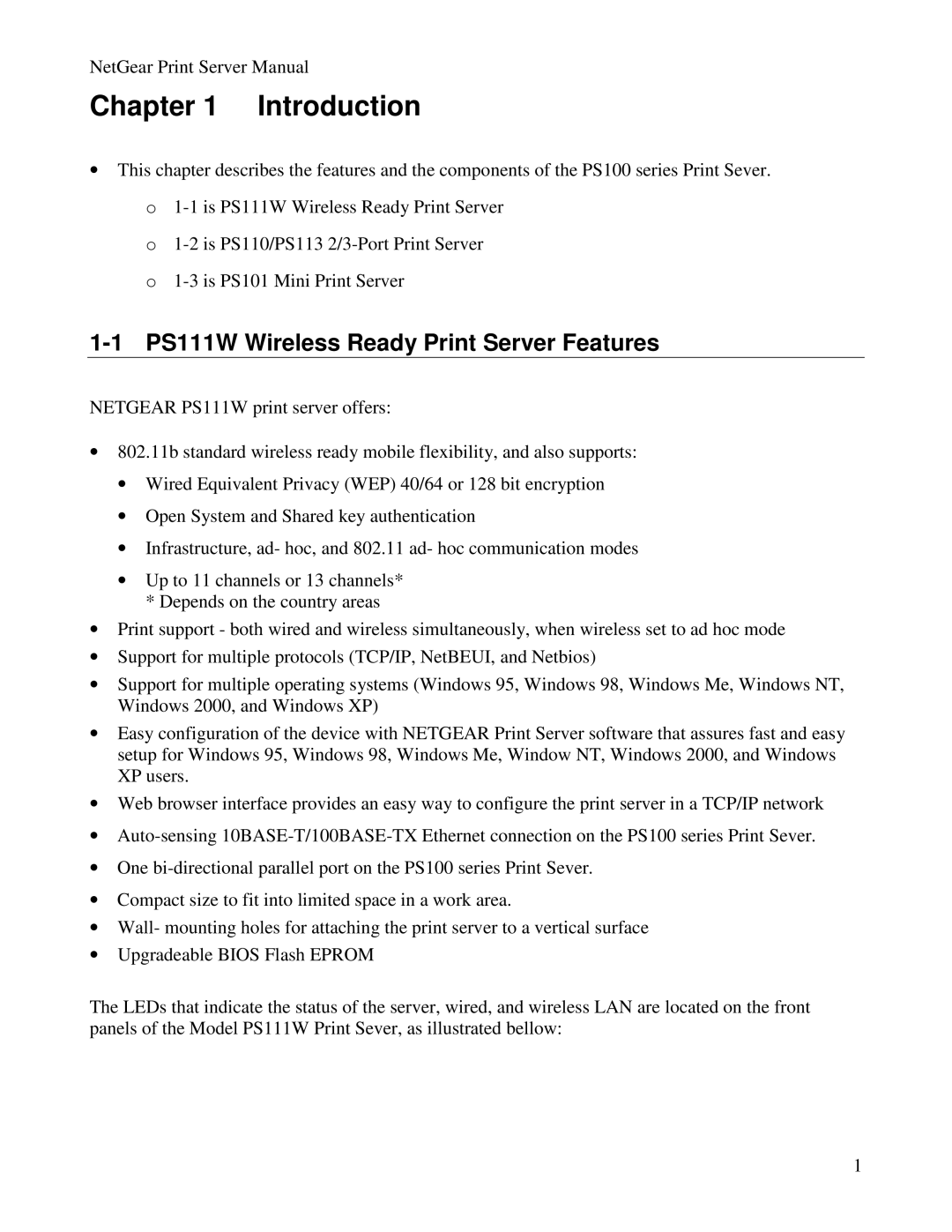 NETGEAR PS100 manual Introduction, PS111W Wireless Ready Print Server Features 